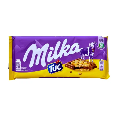 شکلات تختهای میلکا همراه با بیسکوییتهای نمکسود TUC ۸۷ گرمی